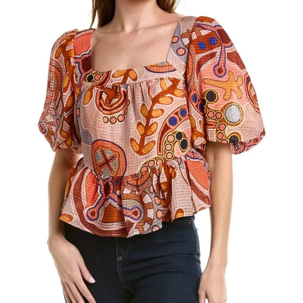 Marie Oliver Pink Orange Printed Square-Neck Peplum Top